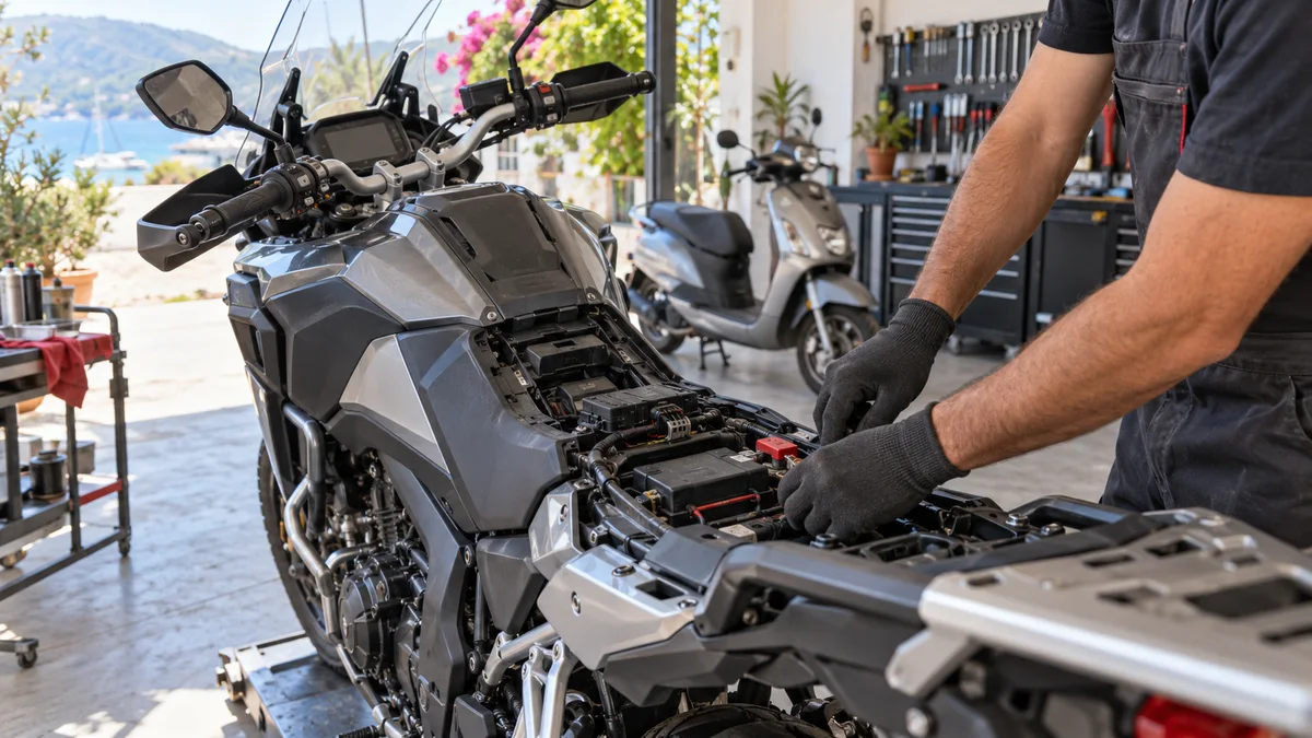 Muğla motosiklet servisinde markasız motosikletin akü ve soket bölgesini kontrol eden teknisyeni gösteren temsili sahne