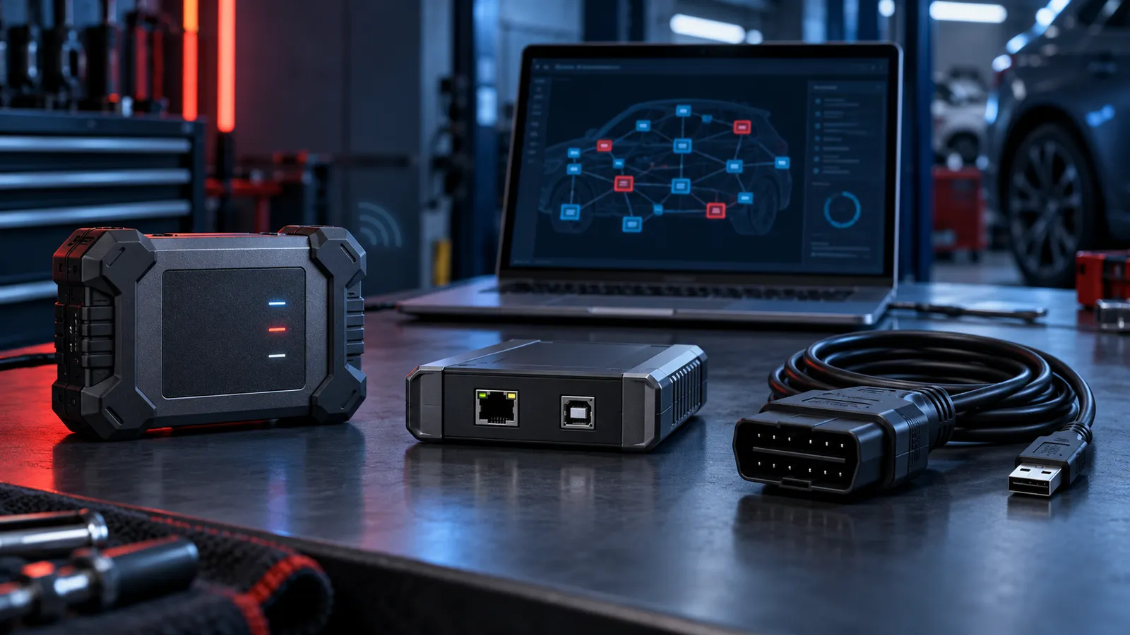 Servis tezgâhında kablosuz VCI, PassThru arayüzü ve USB OBD kablosundan oluşan üç markasız diagnostik cihaz sınıfı