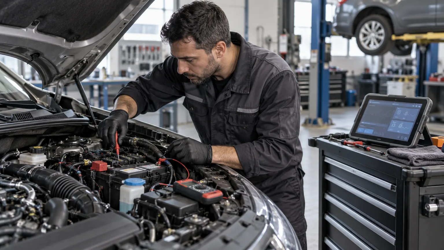 Oto elektrik ustası açık kaput altında multimetre ve arıza tespit tabletiyle araç devresini kontrol ediyor