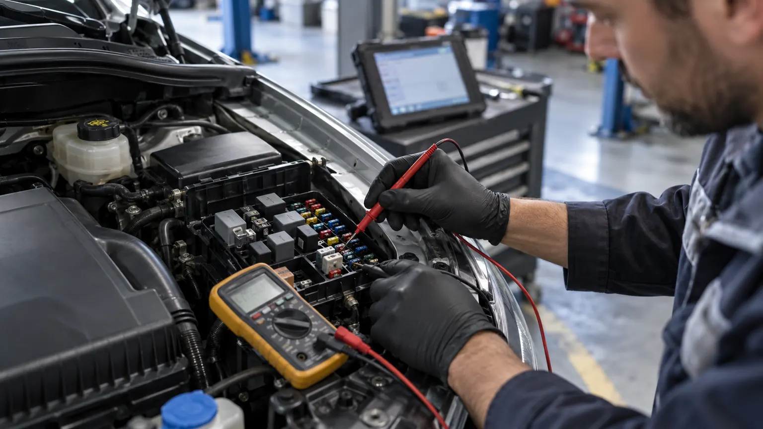 Oto elektrik ustası sigorta kutusunda multimetre problarıyla besleme kontrolü yapıyor