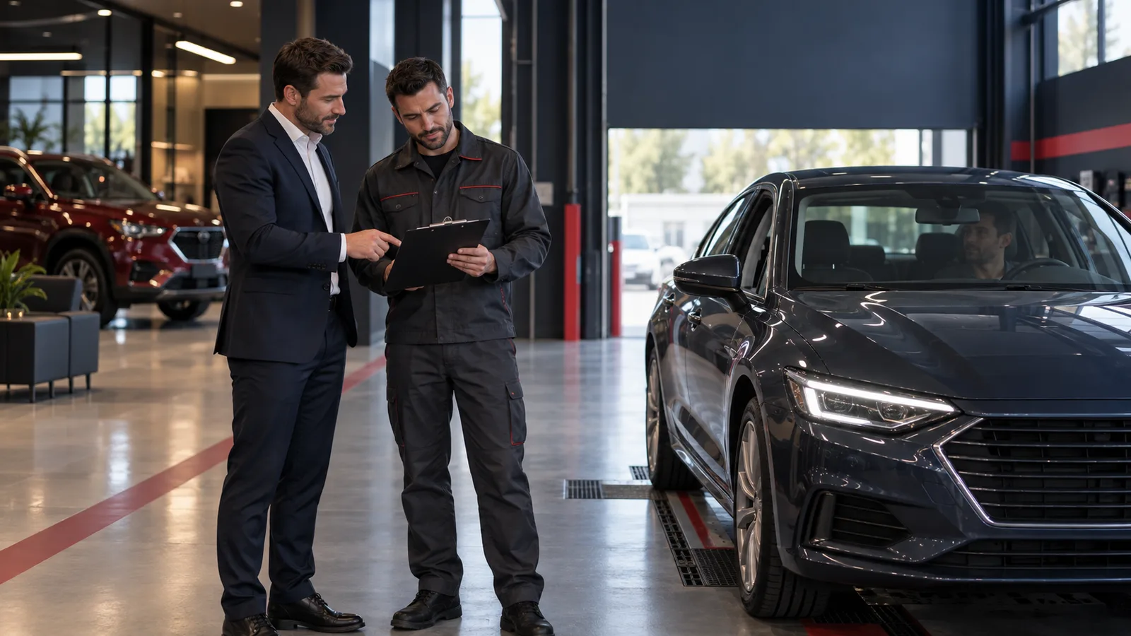 İkinci el araç kabulünde boş kontrol formuyla ön inceleme yapan galerici ve servis teknisyeni