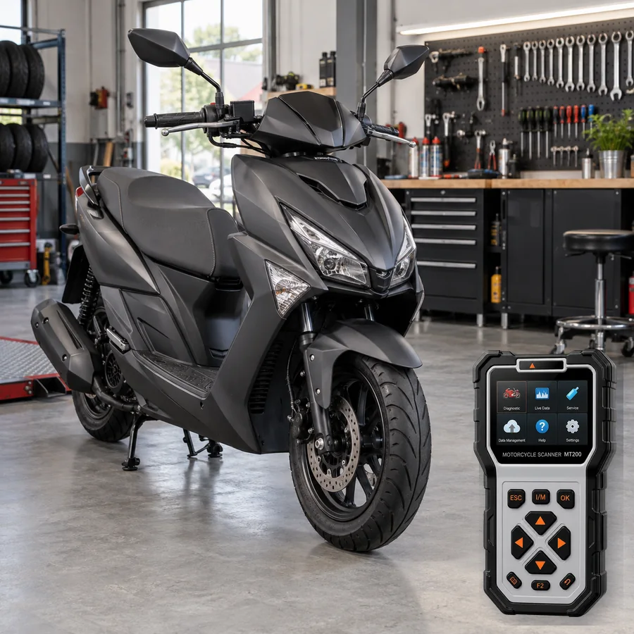 PGO ALPHA MAX 125/Naked sınıfını anlatan logosuz temsili servis sahnesi ve gerçek ANCEL MT200; görsel uyumluluk kanıtı değildir