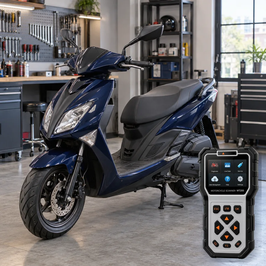 PGO TIGRA 200 sınıfını anlatan logosuz temsili servis sahnesi ve gerçek ANCEL MT200; görsel uyumluluk kanıtı değildir