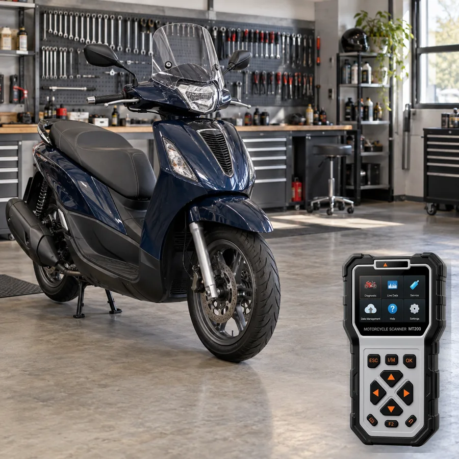 Piaggio Beverly sınıfını anlatan logosuz temsili servis sahnesi ve gerçek ANCEL MT200; görsel uyumluluk kanıtı değildir