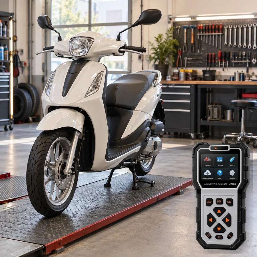 Piaggio Liberty sınıfını anlatan logosuz temsili servis sahnesi ve gerçek ANCEL MT200; görsel uyumluluk kanıtı değildir