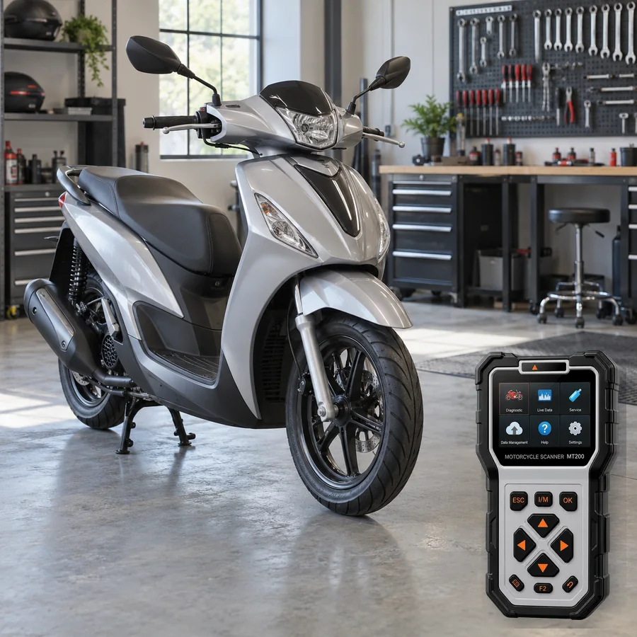 Piaggio Medley sınıfını anlatan logosuz temsili servis sahnesi ve gerçek ANCEL MT200; görsel uyumluluk kanıtı değildir