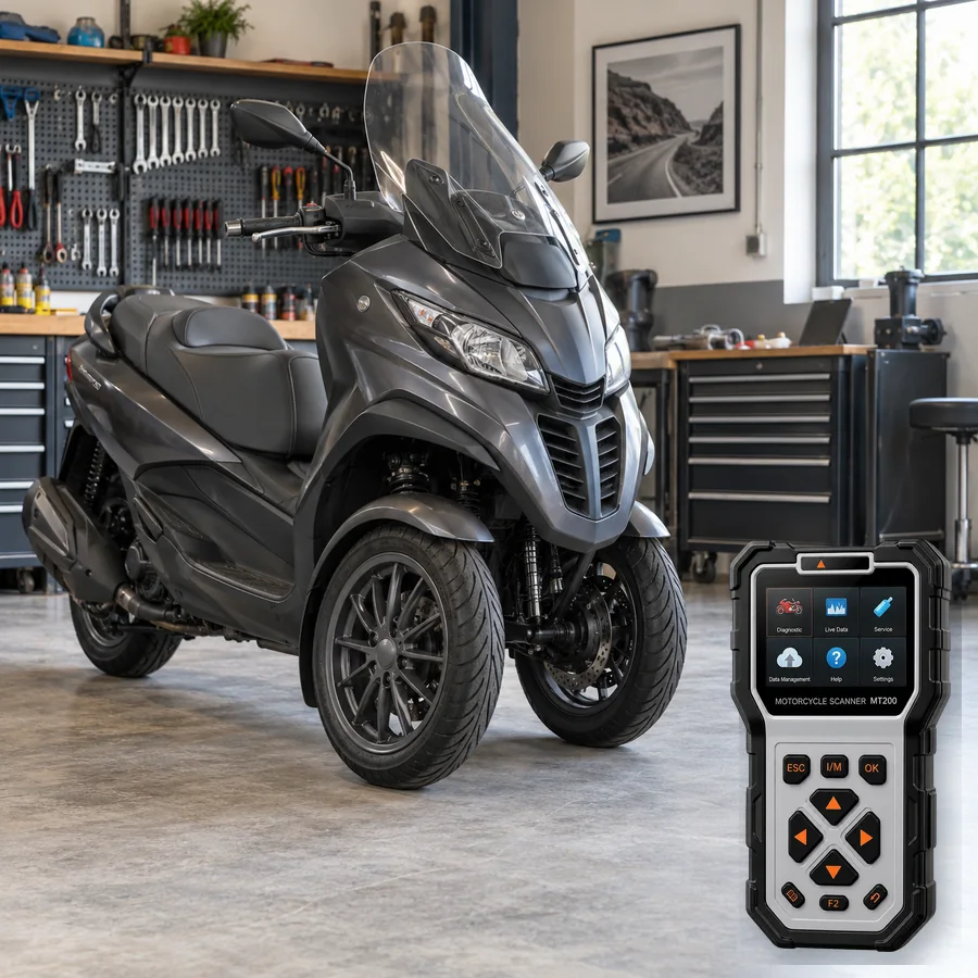 Piaggio MP3 sınıfını anlatan logosuz temsili servis sahnesi ve gerçek ANCEL MT200; görsel uyumluluk kanıtı değildir