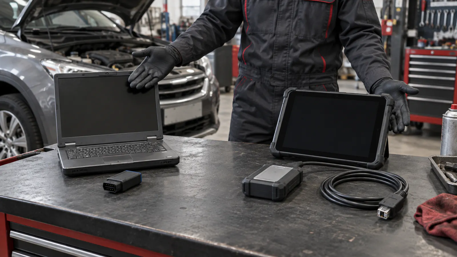 Generic workbench comparing an old Bluetooth OBD interface with a current pass-thru VCI and service tablet