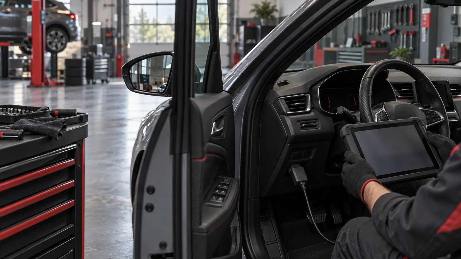 Service technician evaluating device selection for Renault and Dacia with a generic diagnostic tablet and VCI