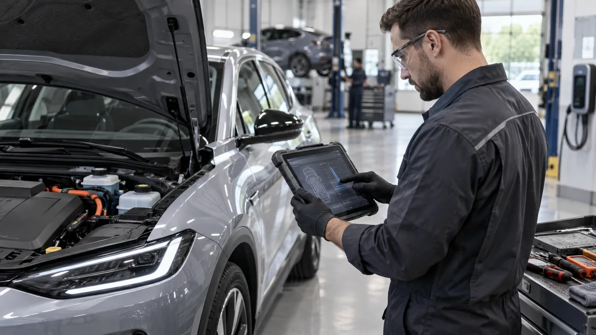 Rize elektrikli ve hibrit araç diagnostik cihazı için otomotiv servisinde arıza tespit cihazı kullanılan gerçekçi kapak görseli
