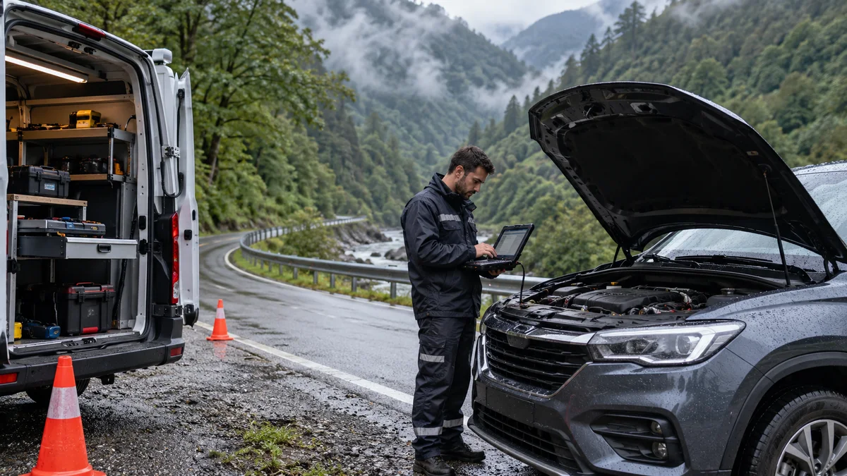 Rize mobil servis arıza tespit cihazı için otomotiv servisinde arıza tespit cihazı kullanılan gerçekçi kapak görseli