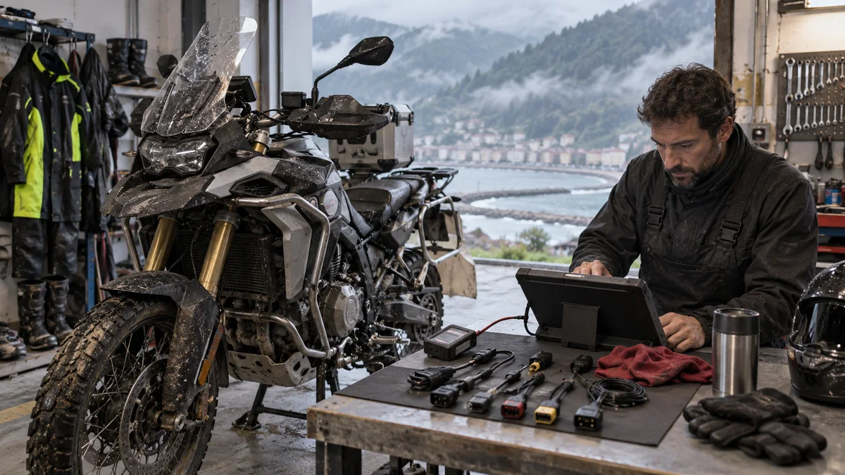 Rize motosiklet arıza tespit cihazı için otomotiv servisinde arıza tespit cihazı kullanılan gerçekçi kapak görseli