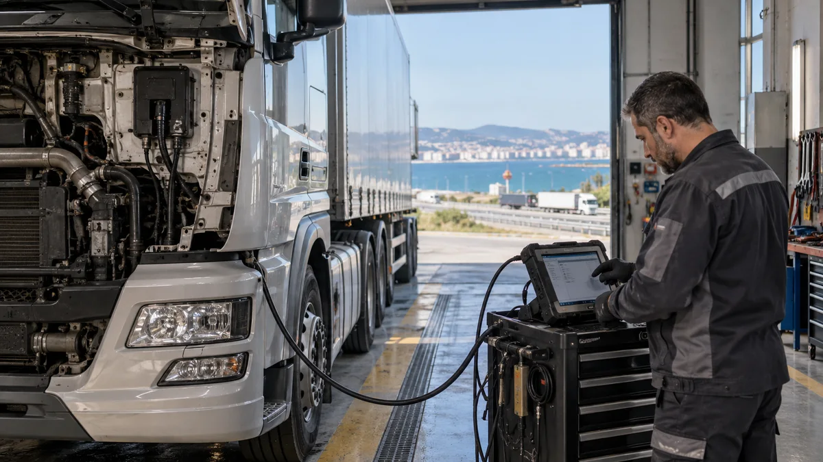 Samsun ağır vasıta arıza tespit cihazı için otomotiv servisinde arıza tespit cihazı kullanılan gerçekçi kapak görseli