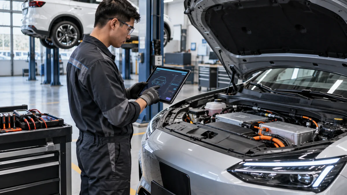 Samsun elektrikli ve hibrit araç diagnostik cihazı için otomotiv servisinde arıza tespit cihazı kullanılan gerçekçi kapak görseli