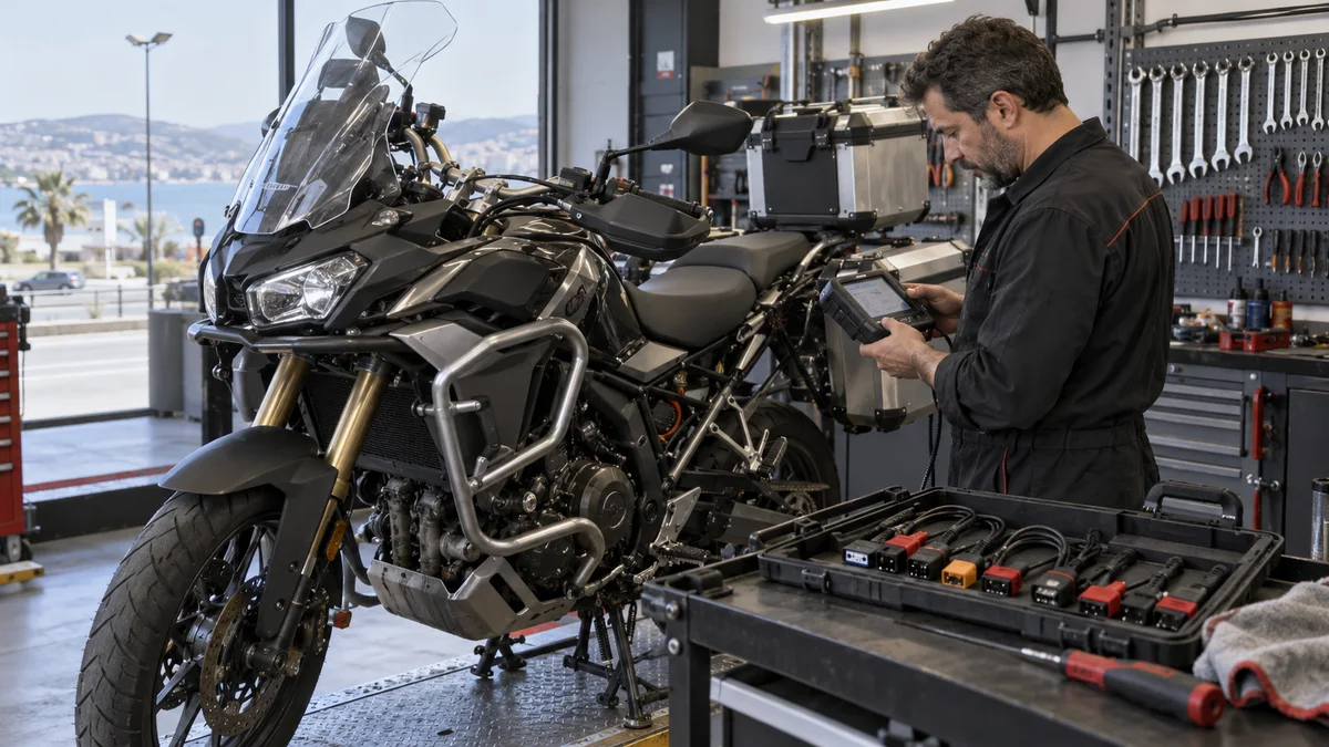 Samsun motosiklet arıza tespit cihazı için otomotiv servisinde arıza tespit cihazı kullanılan gerçekçi kapak görseli