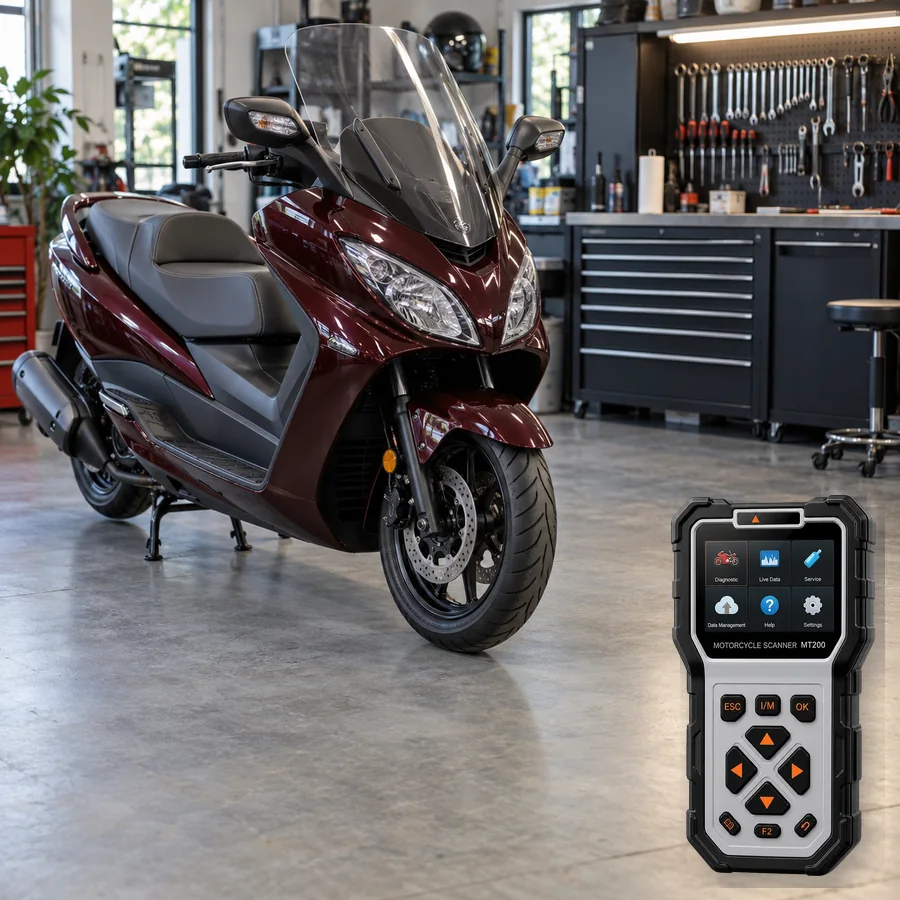 Suzuki Burgman 400 sınıfını anlatan logosuz temsili servis sahnesi ve gerçek ANCEL MT200; görsel uyumluluk kanıtı değildir