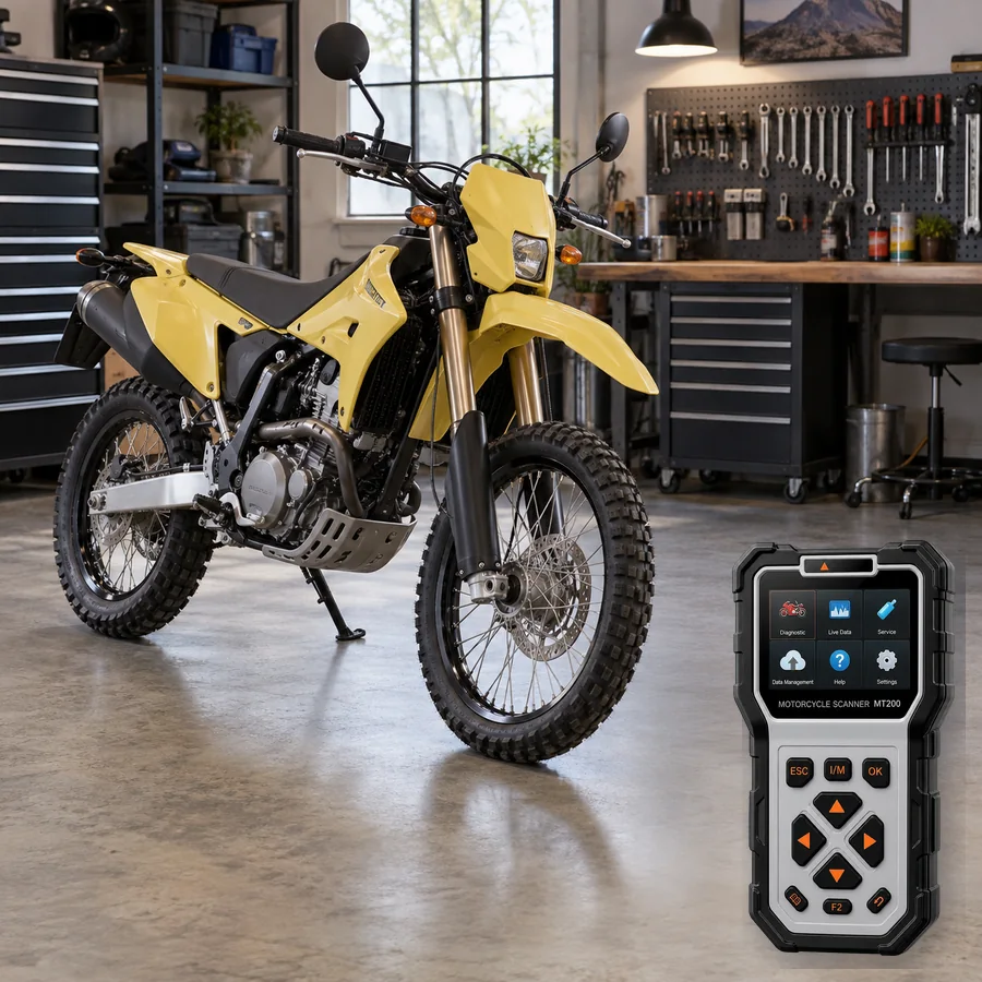 Suzuki DR-Z4S sınıfını anlatan logosuz temsili servis sahnesi ve gerçek ANCEL MT200; görsel uyumluluk kanıtı değildir