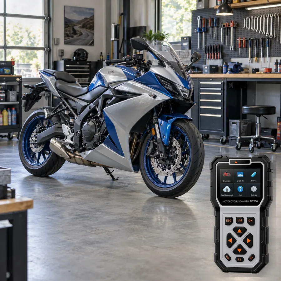 Suzuki GSX-8R sınıfını anlatan logosuz temsili servis sahnesi ve gerçek ANCEL MT200; görsel uyumluluk kanıtı değildir