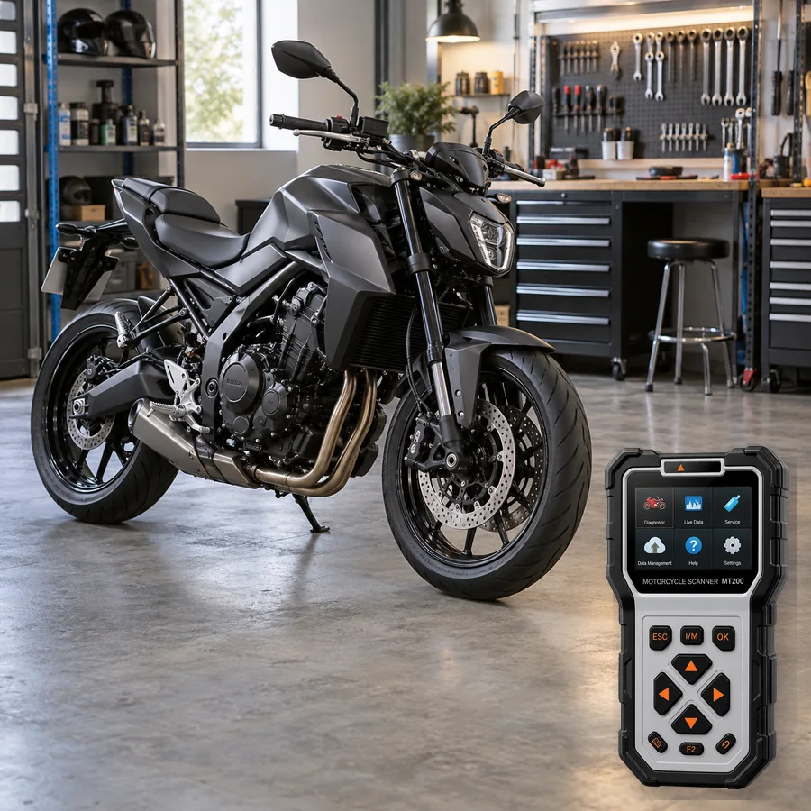 Suzuki GSX-8S sınıfını anlatan logosuz temsili servis sahnesi ve gerçek ANCEL MT200; görsel uyumluluk kanıtı değildir
