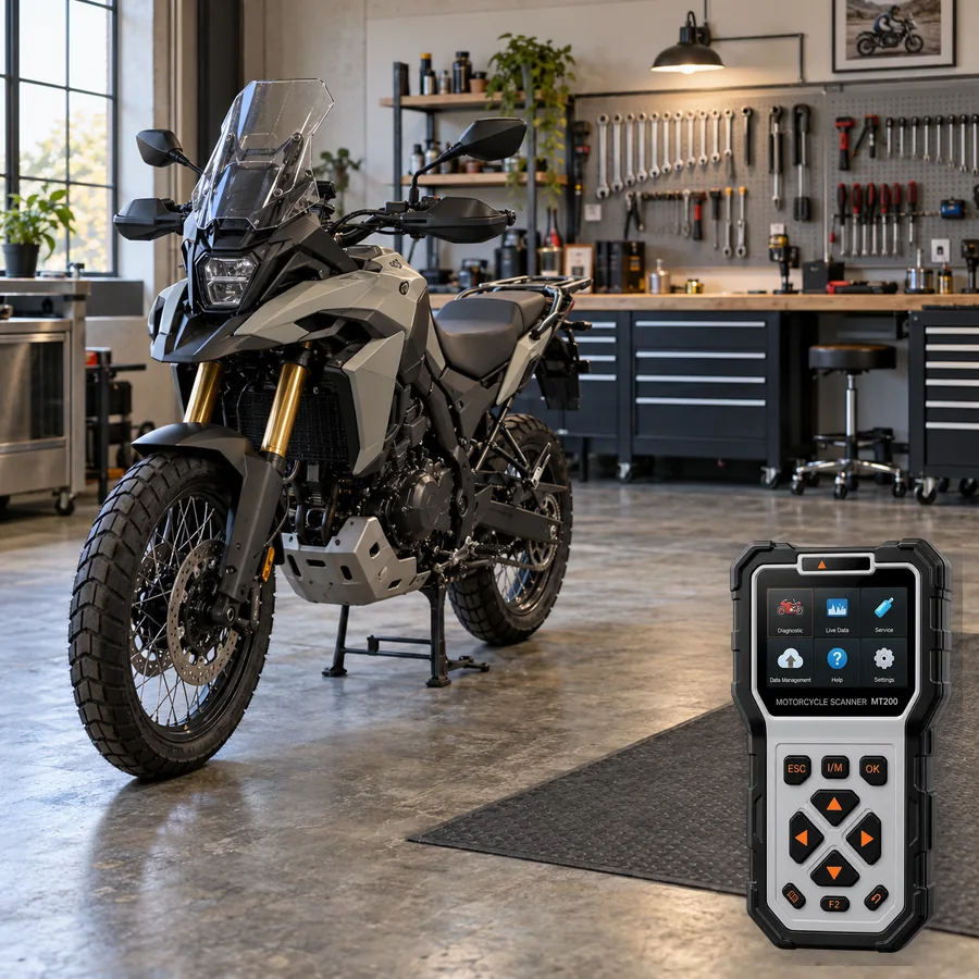 Suzuki V-Strom 800 DE sınıfını anlatan logosuz temsili servis sahnesi ve gerçek ANCEL MT200; görsel uyumluluk kanıtı değildir