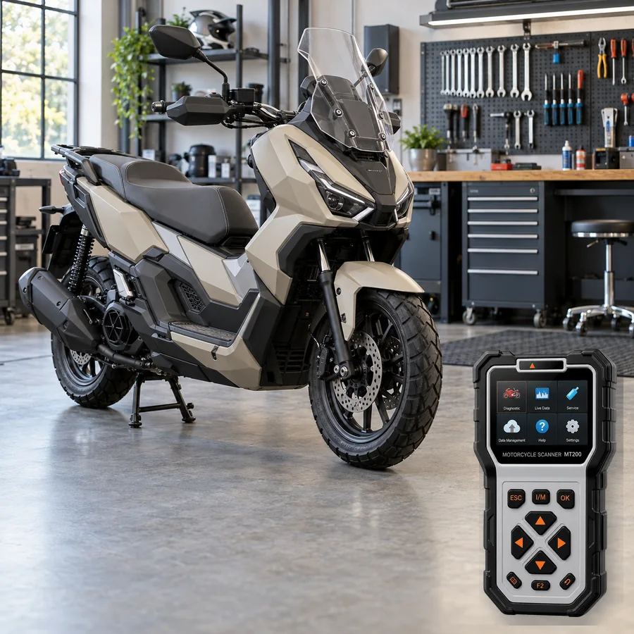 SYM ADX 125 sınıfını anlatan logosuz temsili servis sahnesi ve gerçek ANCEL MT200; görsel uyumluluk kanıtı değildir