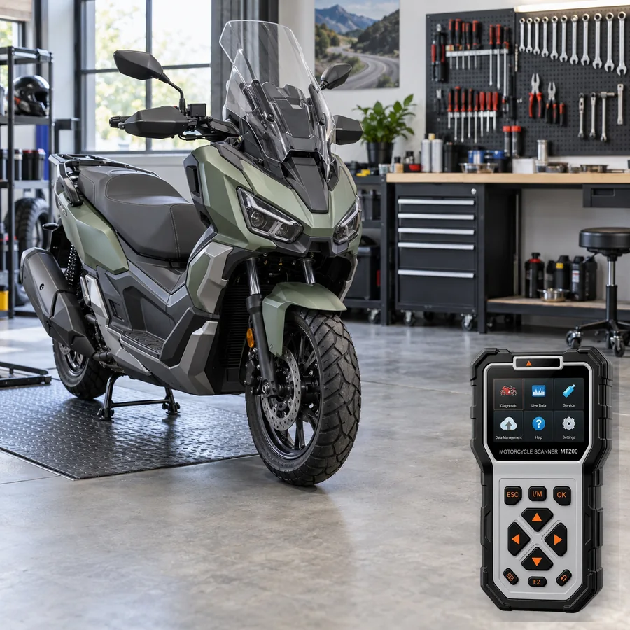 SYM ADX 300 sınıfını anlatan logosuz temsili servis sahnesi ve gerçek ANCEL MT200; görsel uyumluluk kanıtı değildir