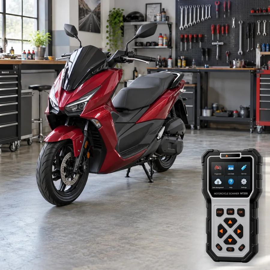 SYM Jet X 125 sınıfını anlatan logosuz temsili servis sahnesi ve gerçek ANCEL MT200; görsel uyumluluk kanıtı değildir