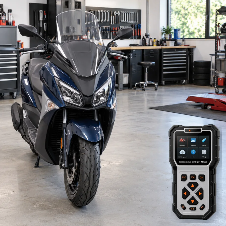 SYM Joymax Z+ 250 sınıfını anlatan logosuz temsili servis sahnesi ve gerçek ANCEL MT200; görsel uyumluluk kanıtı değildir