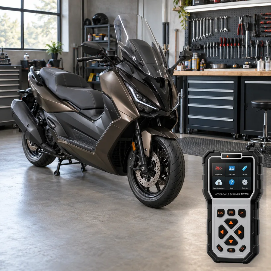 SYM Maxsym TL 508 sınıfını anlatan logosuz temsili servis sahnesi ve gerçek ANCEL MT200; görsel uyumluluk kanıtı değildir