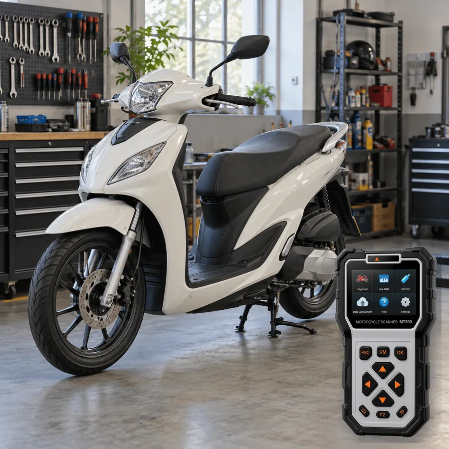 SYM Symphony ST 200 sınıfını anlatan logosuz temsili servis sahnesi ve gerçek ANCEL MT200; görsel uyumluluk kanıtı değildir