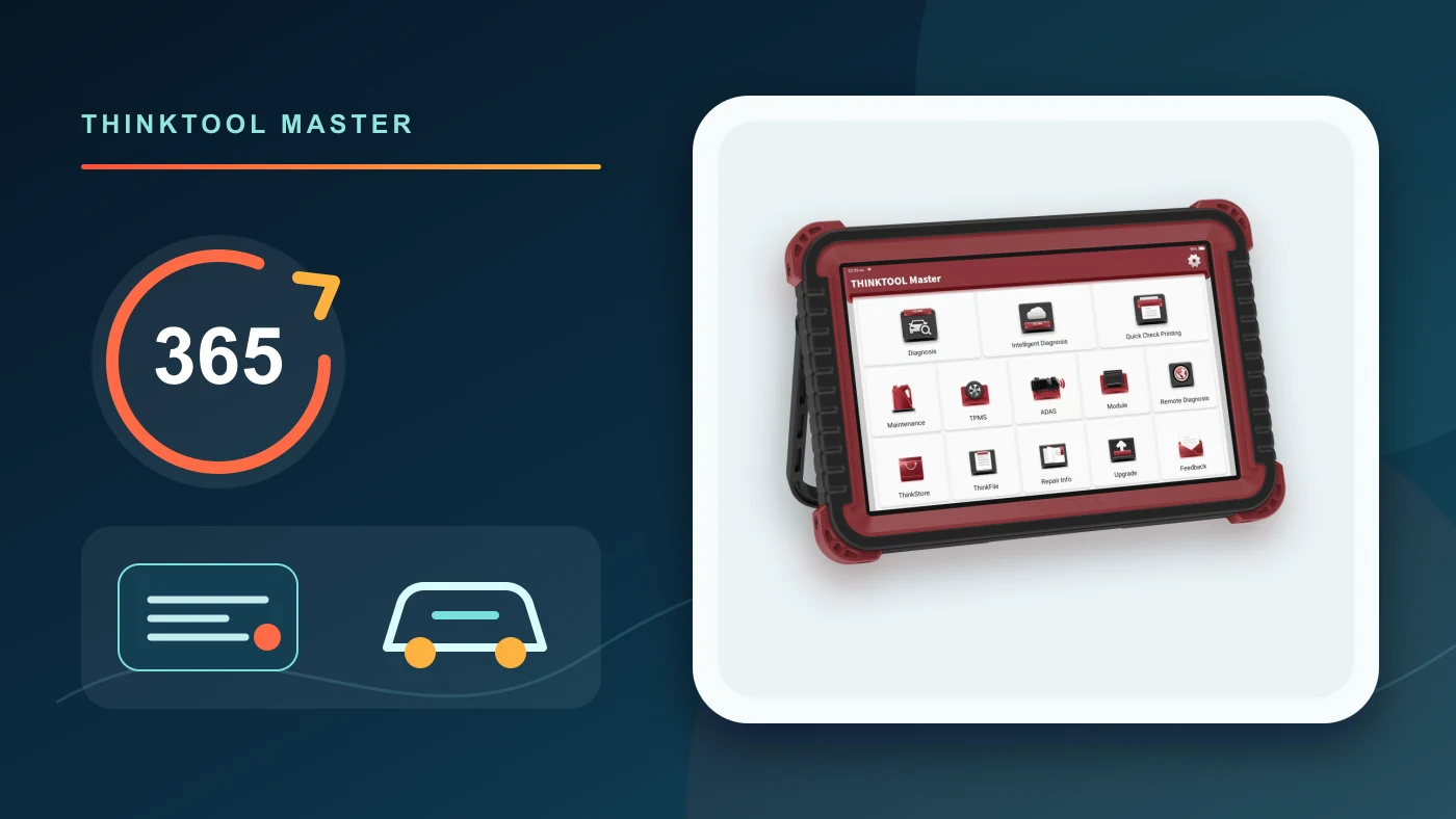 Genuine THINKTOOL Master tablet, 365-day update icon, serial number card, and vehicle coverage indicator