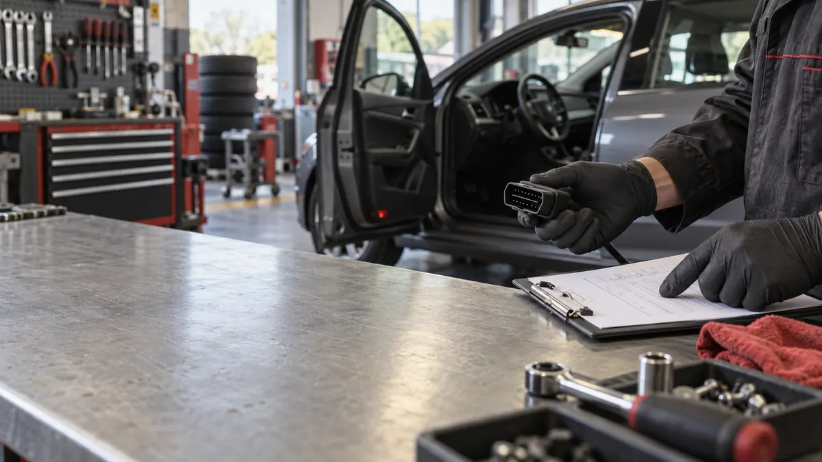 Representative service scene: OBD socket checklist being reviewed before vehicle connection