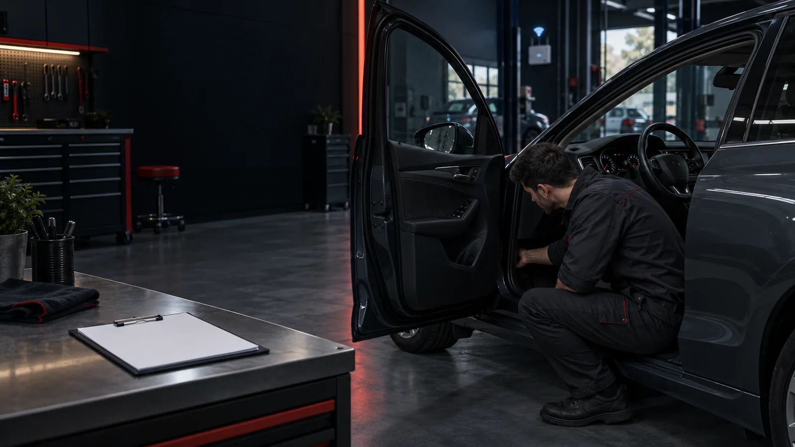 Araç sürücü ayak alanında OBD bağlantısı öncesi Reader 7 kurulum hazırlığı yapan teknisyen