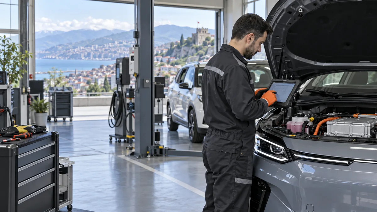 Trabzon elektrikli ve hibrit araç diagnostik cihazı için otomotiv servisinde arıza tespit cihazı kullanılan gerçekçi kapak görseli