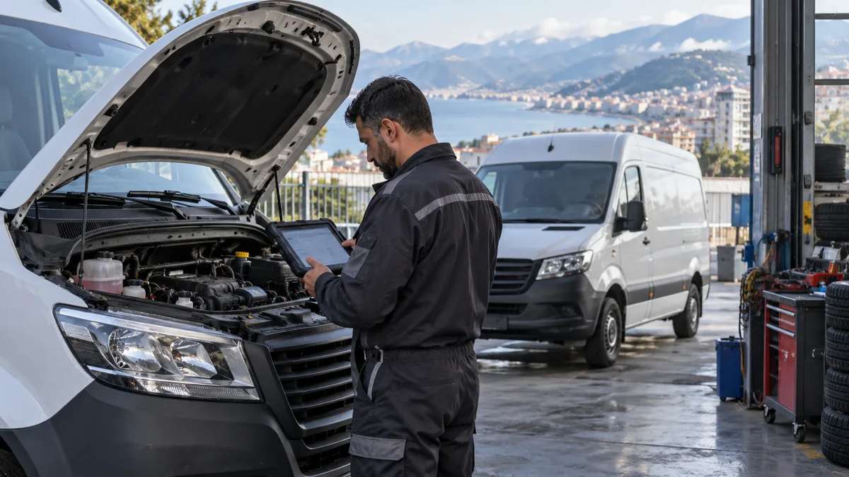 Trabzon filo ve hafif ticari arıza tespit cihazı için otomotiv servisinde arıza tespit cihazı kullanılan gerçekçi kapak görseli