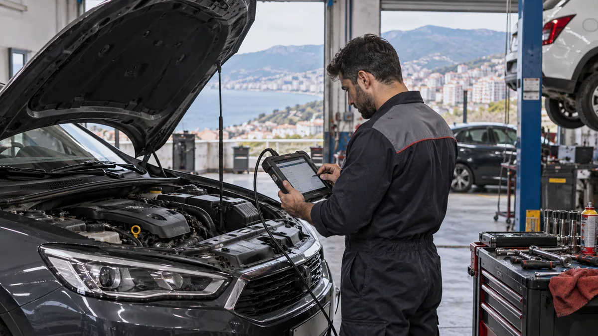 Trabzon oto arıza tespit cihazı satın alma için otomotiv servisinde arıza tespit cihazı kullanılan gerçekçi kapak görseli