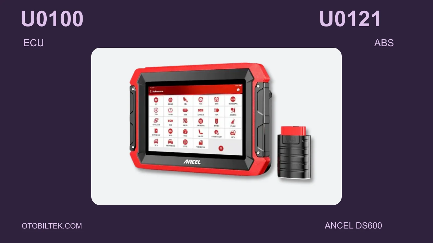 U0100/U0121 və ECU/ABS başlığı yanında real Ancel DS600 şəkli; saxta şəbəkə topologiyası və ya tarama nəticəsi istifadə edilməmişdir.