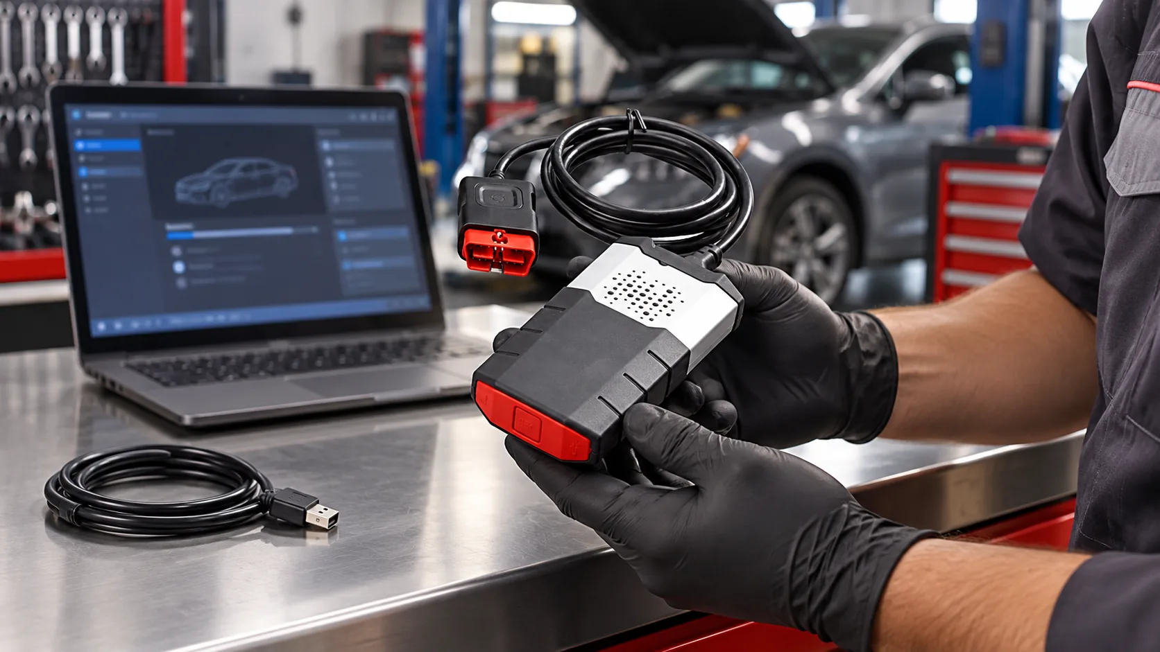 Universal VCI cihazını laptop ile kuran otomotiv teknisyeni