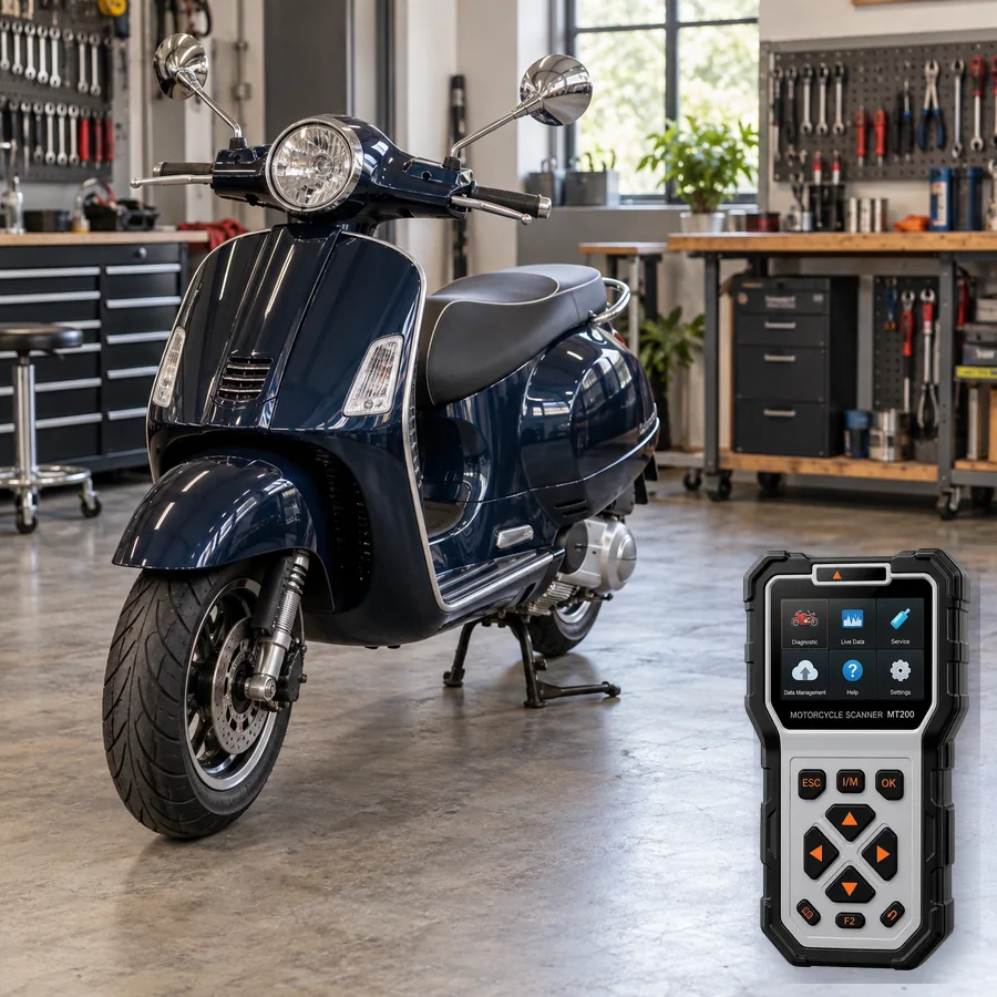 Vespa GTS sınıfını anlatan logosuz temsili servis sahnesi ve gerçek ANCEL MT200; görsel uyumluluk kanıtı değildir