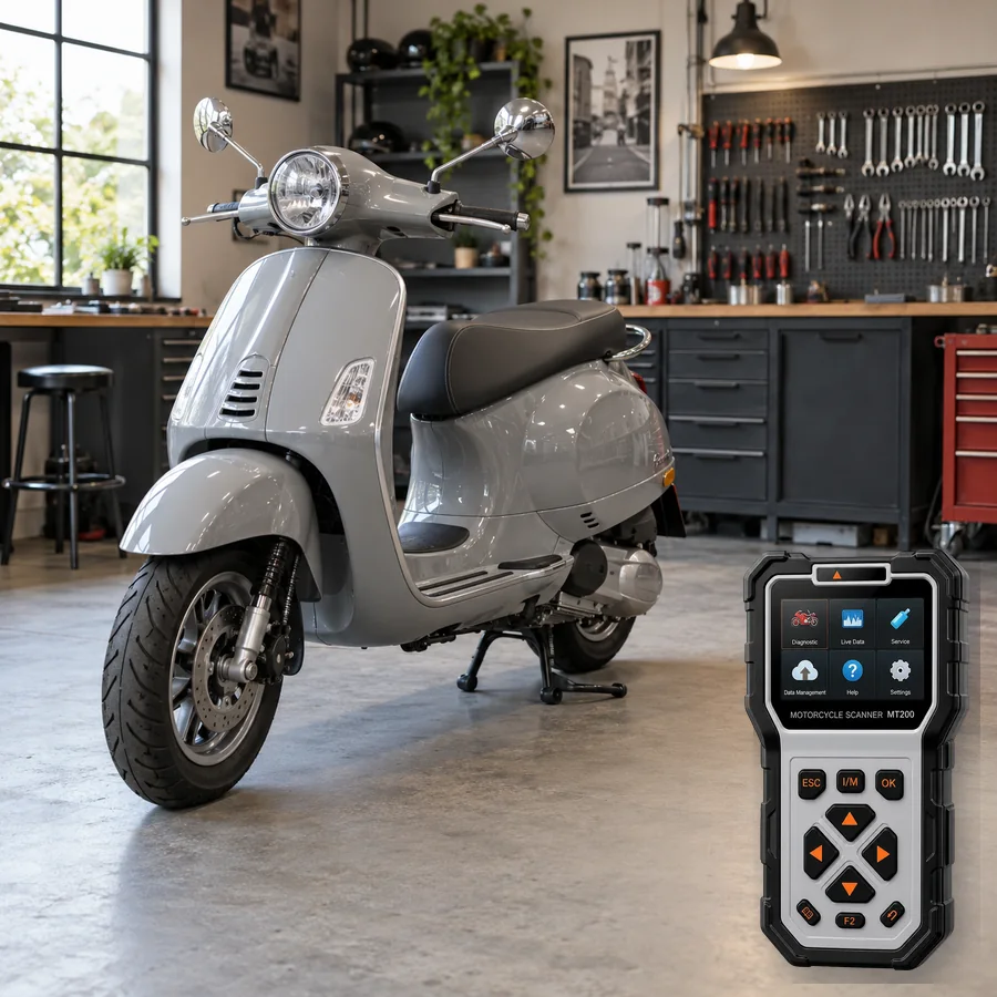 Vespa GTV sınıfını anlatan logosuz temsili servis sahnesi ve gerçek ANCEL MT200; görsel uyumluluk kanıtı değildir