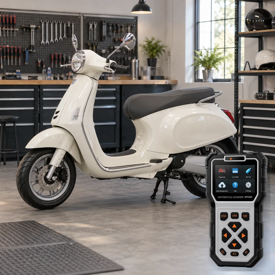 Vespa Primavera Elettrica sınıfını anlatan logosuz temsili servis sahnesi ve gerçek ANCEL MT200; görsel uyumluluk kanıtı değildir