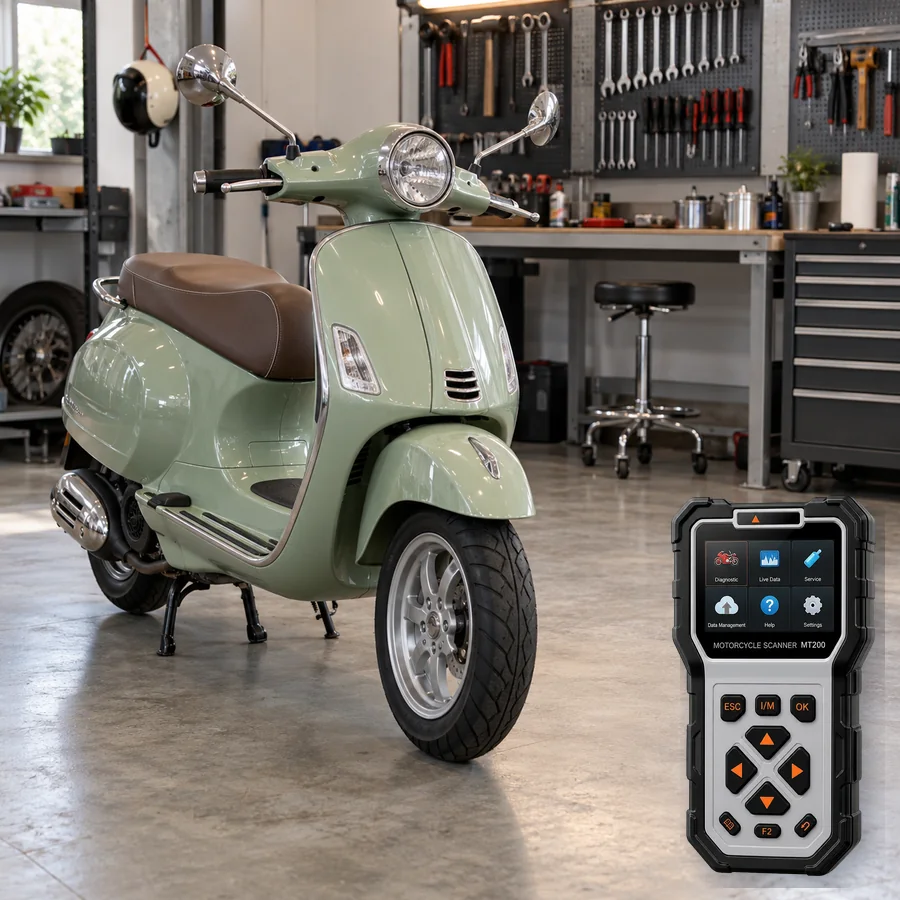 Vespa Primavera sınıfını anlatan logosuz temsili servis sahnesi ve gerçek ANCEL MT200; görsel uyumluluk kanıtı değildir