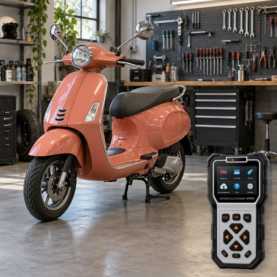 Vespa Sprint sınıfını anlatan logosuz temsili servis sahnesi ve gerçek ANCEL MT200; görsel uyumluluk kanıtı değildir
