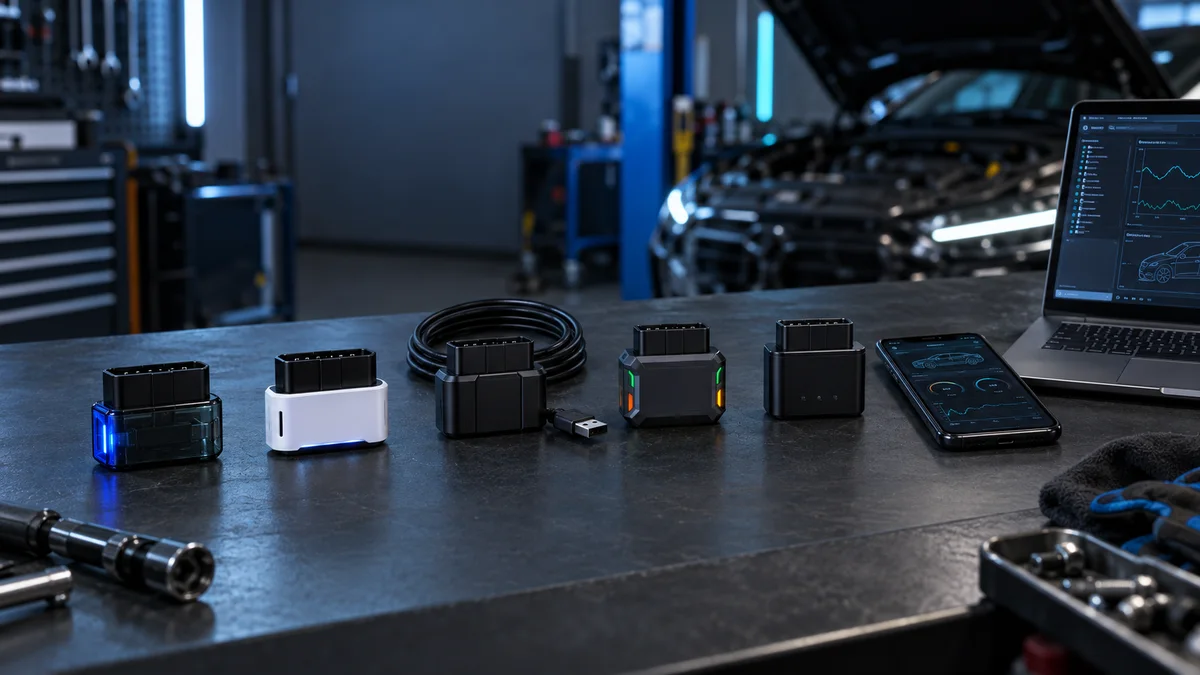 Bluetooth, Wi-Fi ve USB bağlantılı Vgate vLinker OBD2 adaptörlerini karşılaştıran otomotiv servis çalışma masası
