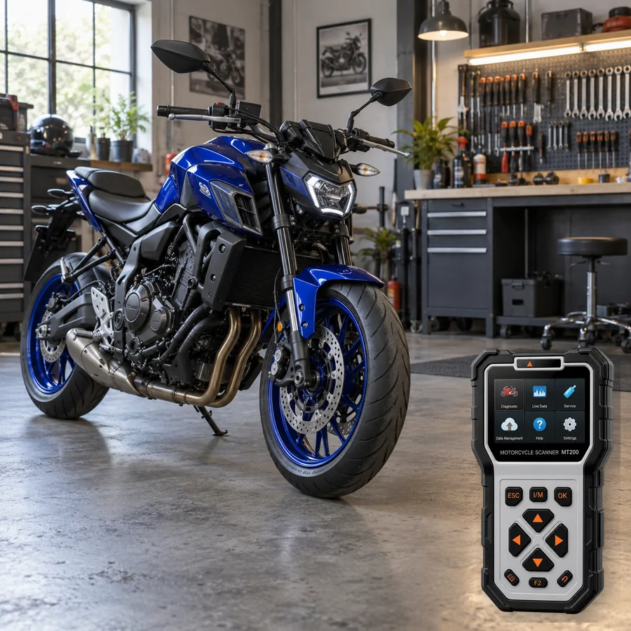 Yamaha MT-07 sınıfını anlatan logosuz temsili servis sahnesi ve gerçek ANCEL MT200; görsel uyumluluk kanıtı değildir