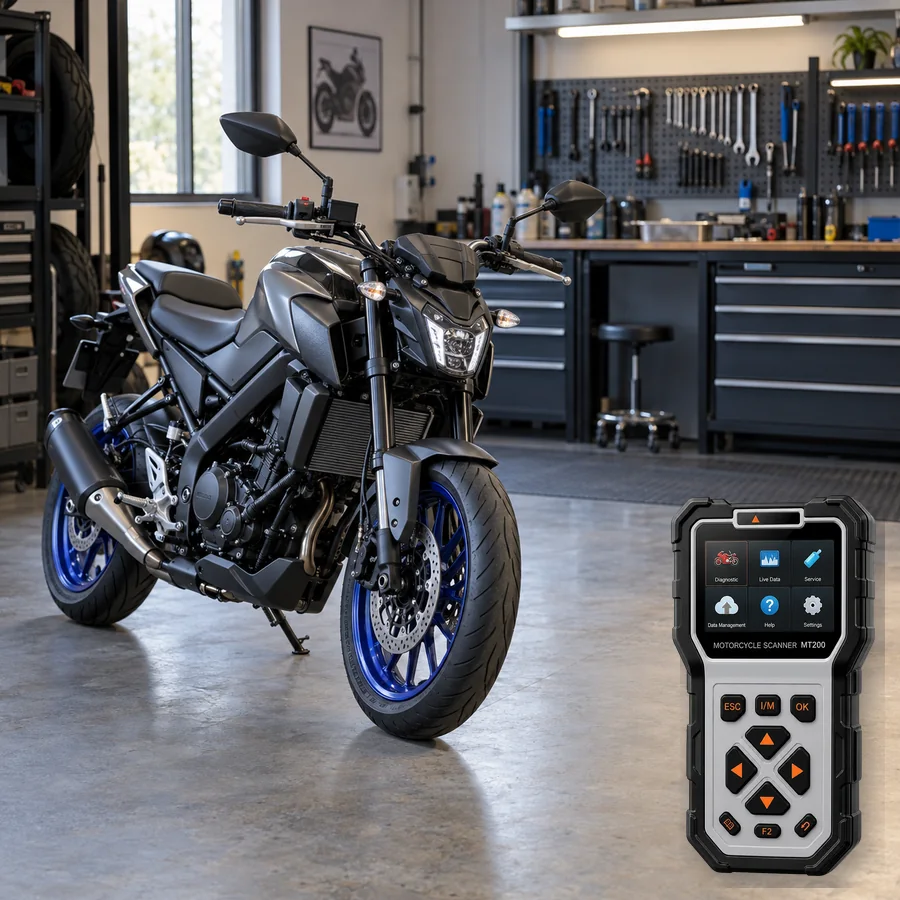 Yamaha MT-125 sınıfını anlatan logosuz temsili servis sahnesi ve gerçek ANCEL MT200; görsel uyumluluk kanıtı değildir