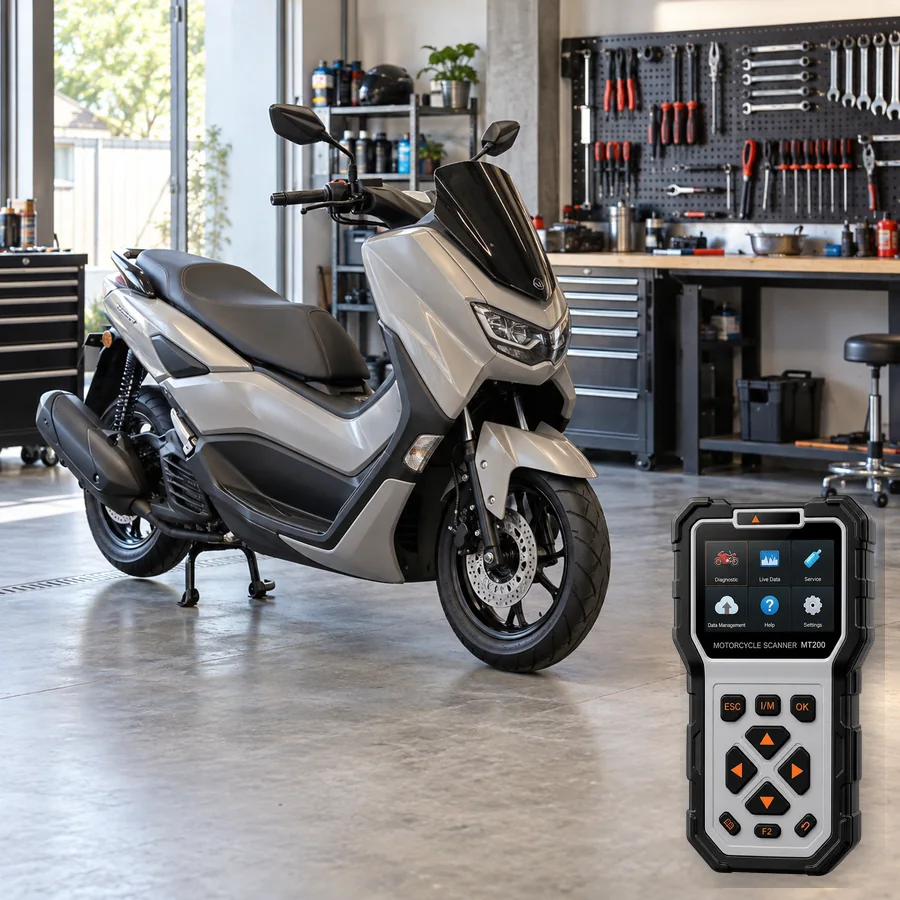 Yamaha NMAX 155 sınıfını anlatan logosuz temsili servis sahnesi ve gerçek ANCEL MT200; görsel uyumluluk kanıtı değildir