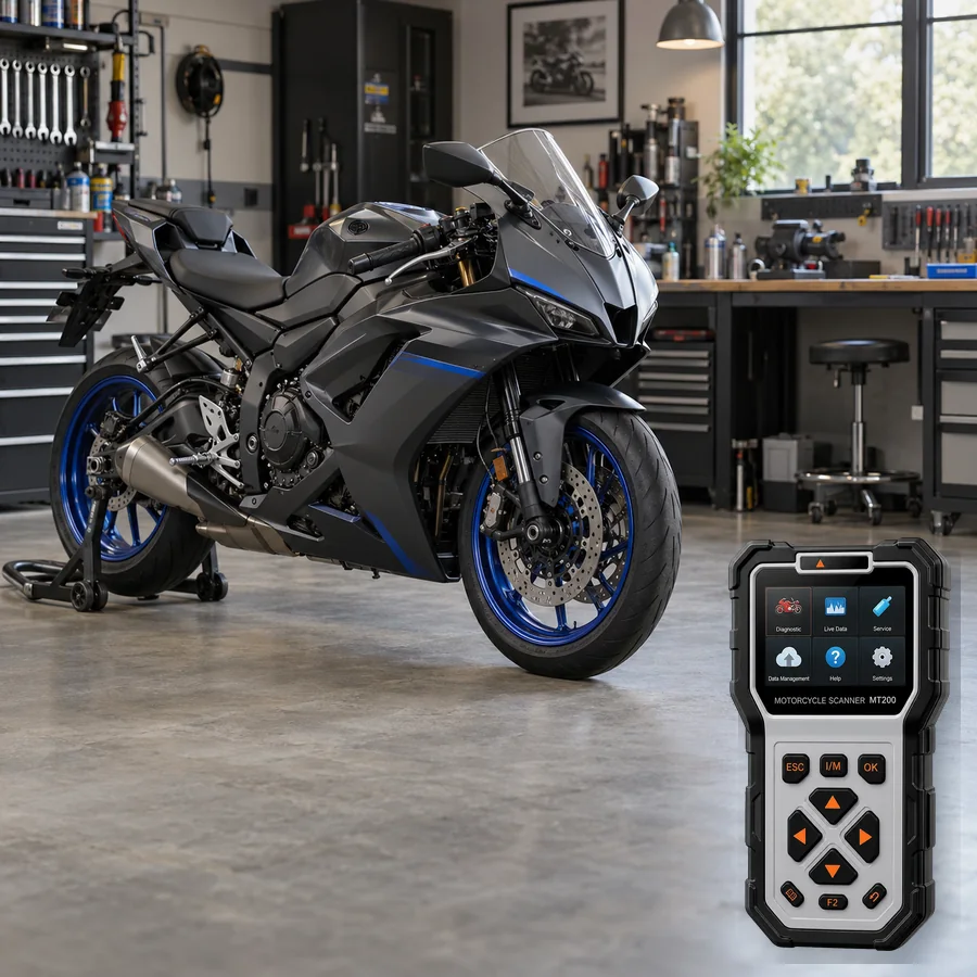 Yamaha R7 sınıfını anlatan logosuz temsili servis sahnesi ve gerçek ANCEL MT200; görsel uyumluluk kanıtı değildir