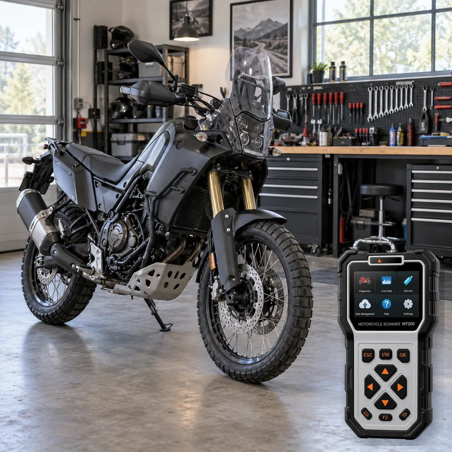 Yamaha Ténéré 700 sınıfını anlatan logosuz temsili servis sahnesi ve gerçek ANCEL MT200; görsel uyumluluk kanıtı değildir
