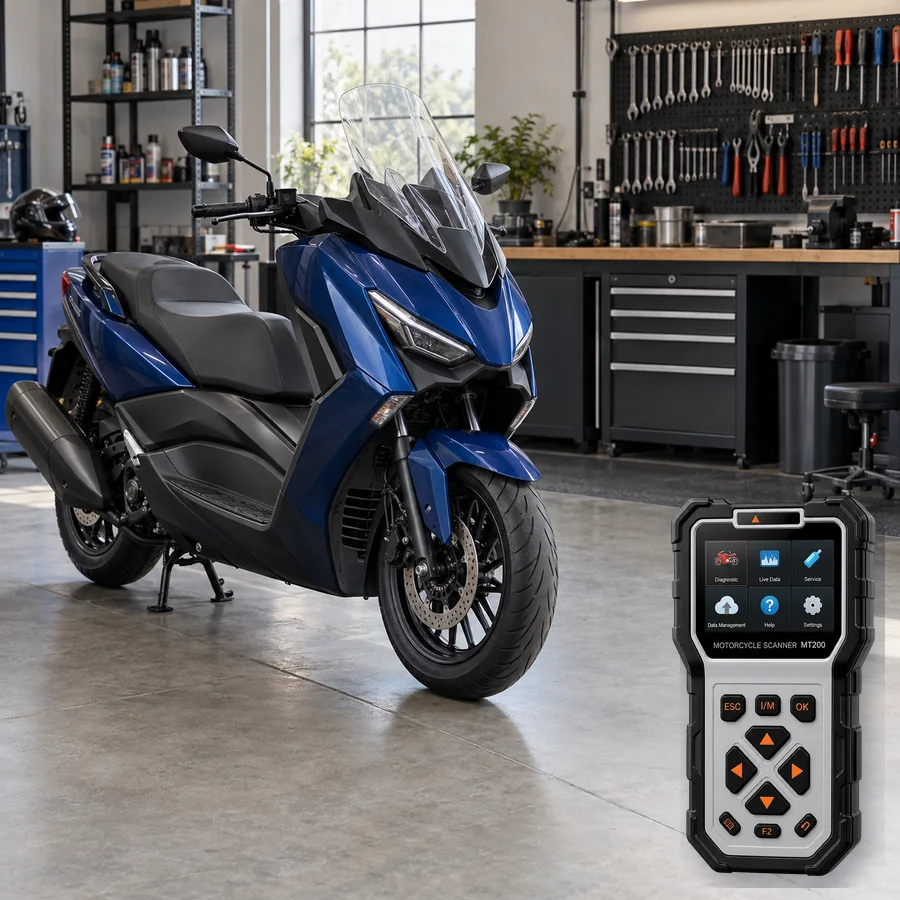 Yamaha XMAX 250 sınıfını anlatan logosuz temsili servis sahnesi ve gerçek ANCEL MT200; görsel uyumluluk kanıtı değildir